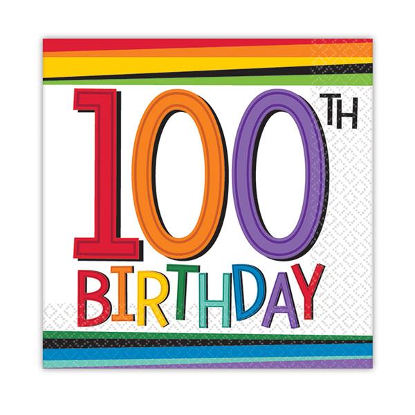 Add our colorful 100th Rainbow Birthday Beverage Napkins to your milestone birthday party tables. These 2 ply paper napkins go great with all of our Rainbow Birthday Paper goods and birthday party supplies. Our 100th Rainbow Birthday cocktail napkins come 16 per pack.