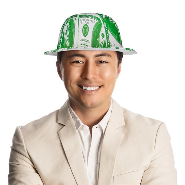 Look like a million bucks or at least a hundred at your next event with these $100 Bill Plastic Derby Hats! An awesome addition to any event, these $100 bill derby hats will make any event more fun for everyone, no matter what you're celebrating. Whether you're hosting a New Year's Eve celebration, a birthday bash, or a casino night, our plastic $100 Bill derby hats are bound to liven up the look of your guests and your decor! Pass these hats out as party favors or incorporate them into your decorations after blinging them up with some imagination and a few craft supplies. Either way, they're guaranteed to be a hit! One size fits most. Our $100 Bill Plastic Derby Hats are packed and sold in a poly bag of 12. Quantity-12 Size-One Size Fits Most Color-Green, White Material-Plastic Imprintable-No