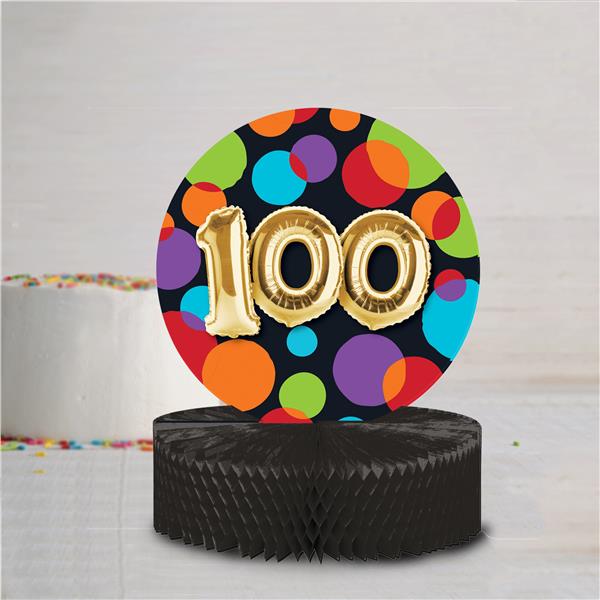 Our colorful 100th Birthday Balloon Centerpiece is the perfect way to celebrate your centennial birthday! Each colorful 12" x 9" centerpiece features a black honeycomb tissue paper base. Mix and match with our birthday balloons paper goods to complete your birthday decorations.