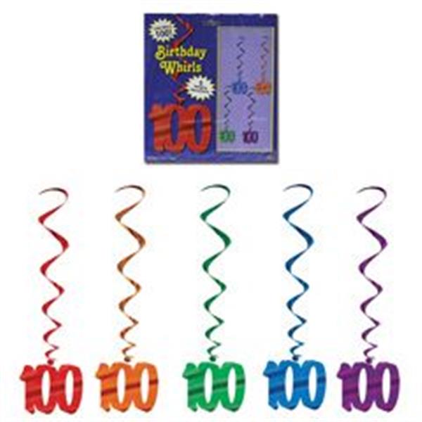 Decorate for a milestone 100th birthday with our 40" long 100 metallic whirls. Each pack has 5 assorted color metallic whirls and is sold by the pack. Please order in increments of 1 pack.