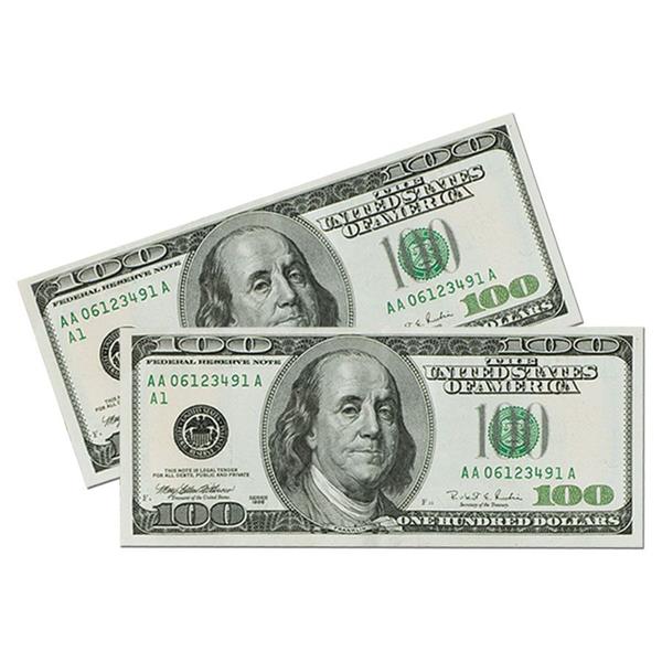 Some great big $100 bills make a great addition to your casino decorations. Our cardboard $100 bill cutout is 7 1/2" x 17" and are printed on both sides. Big Bucks cutout are sold per piece. Please order in increments of 1 piece.