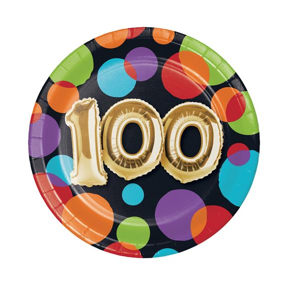 Celebrate the true milestone birthday,100! Our fabulous 100th Birthday Balloon Beverage Napkins are a great addition to your table to make your centennial celebration one not to forget! Our 100th Birthday 7" Plates can be used for appetizers or desserts and go perfectly with our Birthday Balloon paper goods for a memorable party. Each pack of 7" plates are sold 8 to a pack.