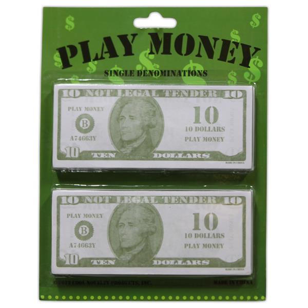 Help children learn about money or use play money to play in your casino night events. Each pack of $10.00 contains 250 $10.00 bills that are 6" x 2 1/2" in size. Our novelty pack of 250 ten dollar bills comes on a blister card and is sold by the pack. Please order in increments of 1 pack.