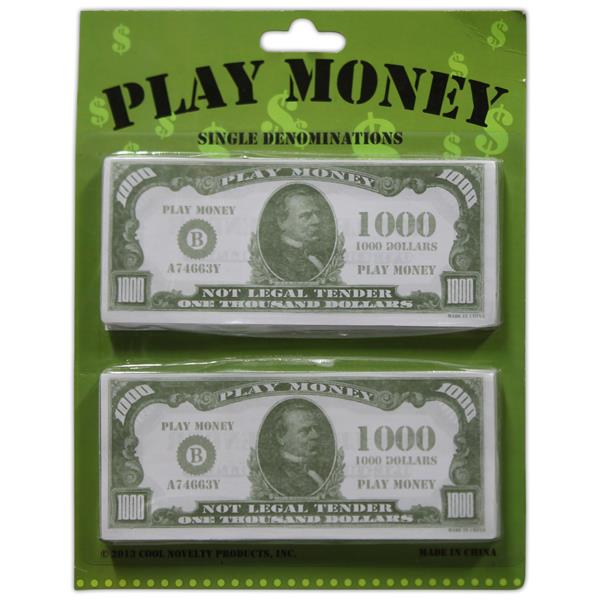 Help children learn about money or use play money to play in your casino night events or as apart of your party decorations. Each pack of novelty $1000.00 contains 250 $1000.00 bills. The $1000.00 bills are 6" x 2 1/2". Our pack of 250 thousand dollar bills comes on a blister card and is sold by the pack. Please order in increments of 1 pack.