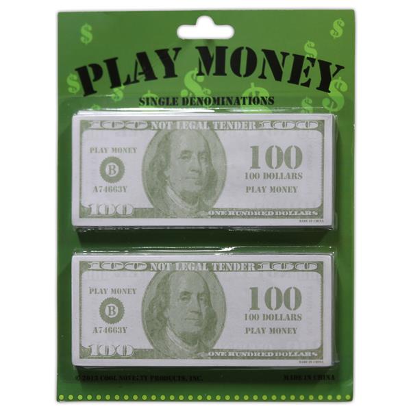 Help children learn about money or use play money to play in your casino night events. Each novelty pack of $100.00 contains 250 $100.00 bills that are 6" x 2 1/2" in size. Our pack of 250 twenty dollar bills comes on a blister card and is sold by the pack. Please order in increments of 1 pack.