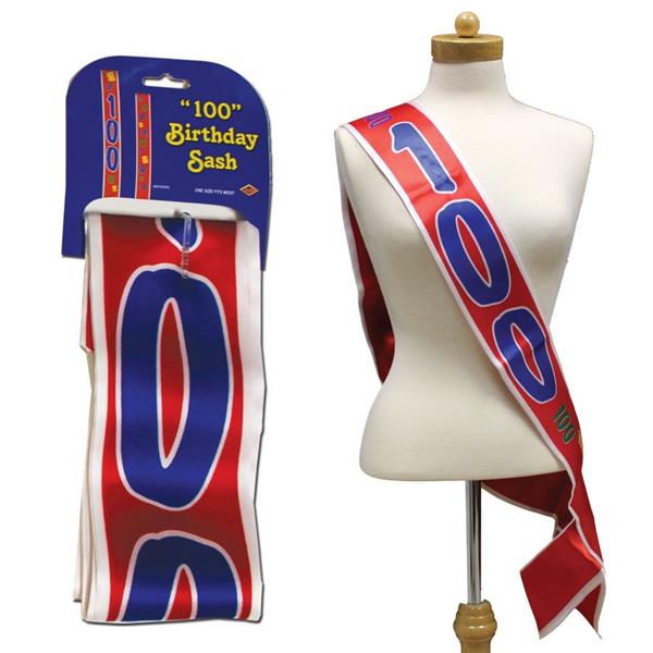 Celebrate this exceptional milestone birthday with a special sash! Bestow the guest of honor with our colorful satin 100th birthday sash. Each satin sash is printed all around with what else 100 in assorted colors. This brightly colored sash is 4" wide and over 60" around. One size fits most. Our 100th birthday sash is sold by the piece. Please order in increments of 1 piece.