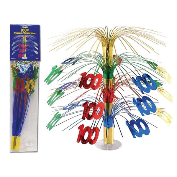Celebrate 100! Celebrate a century of life. Add to your decorations for a 100th birthday party with our colorful 100 cascade 18" centerpiece. Our colorful 100 metallic 18" centerpiece is sold by the piece. Please order in increments of 1 piece.