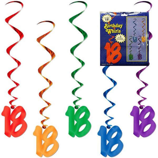 Celebrate this milestone birthday with bright bold colors! Our foil 18 Rainbow Whirls are 3 feet long with a 6" tall number "18" at the bottom. These bright metallic 18 Rainbow Whirls go great with any party theme or color scheme. Each pack of our 18 Rainbow Whirls come with 5 whirls. Please order in increments of 1 pack.