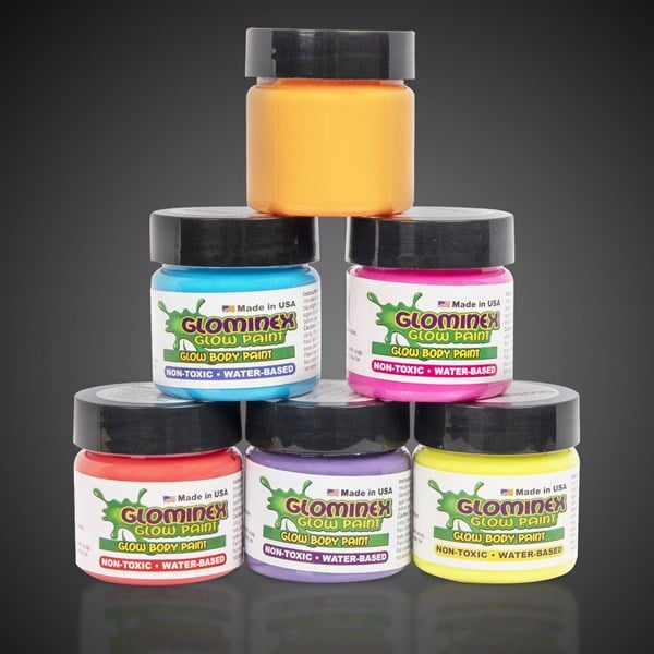 Glominex Glow Body Paint 1oz Jars - 6 Colors Assorted