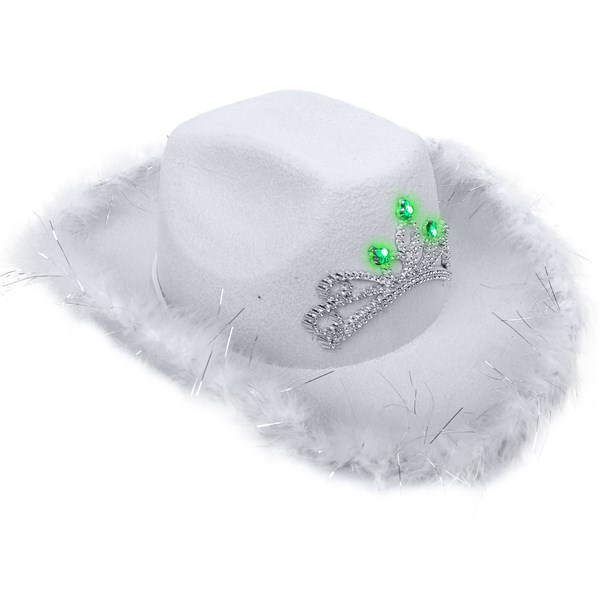 LED White Cowboy Hat with Tiara & Marabou Feathers