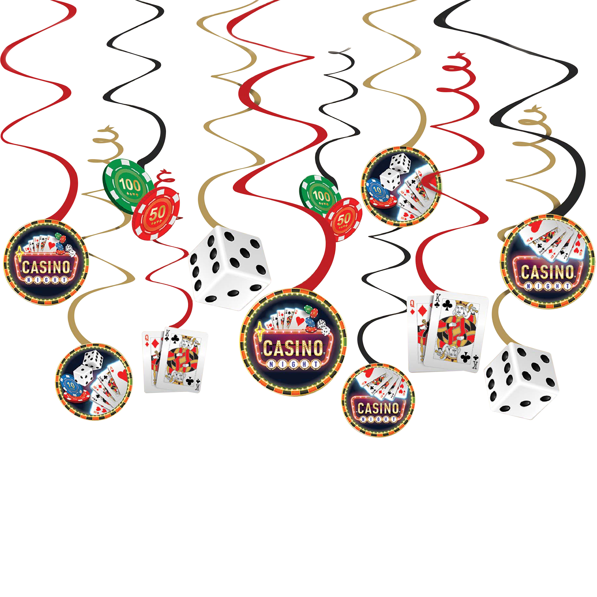 ROLL THE DICE Hanging SWIRLS Party Decorations Casino Room Poker Chip Game Cards 