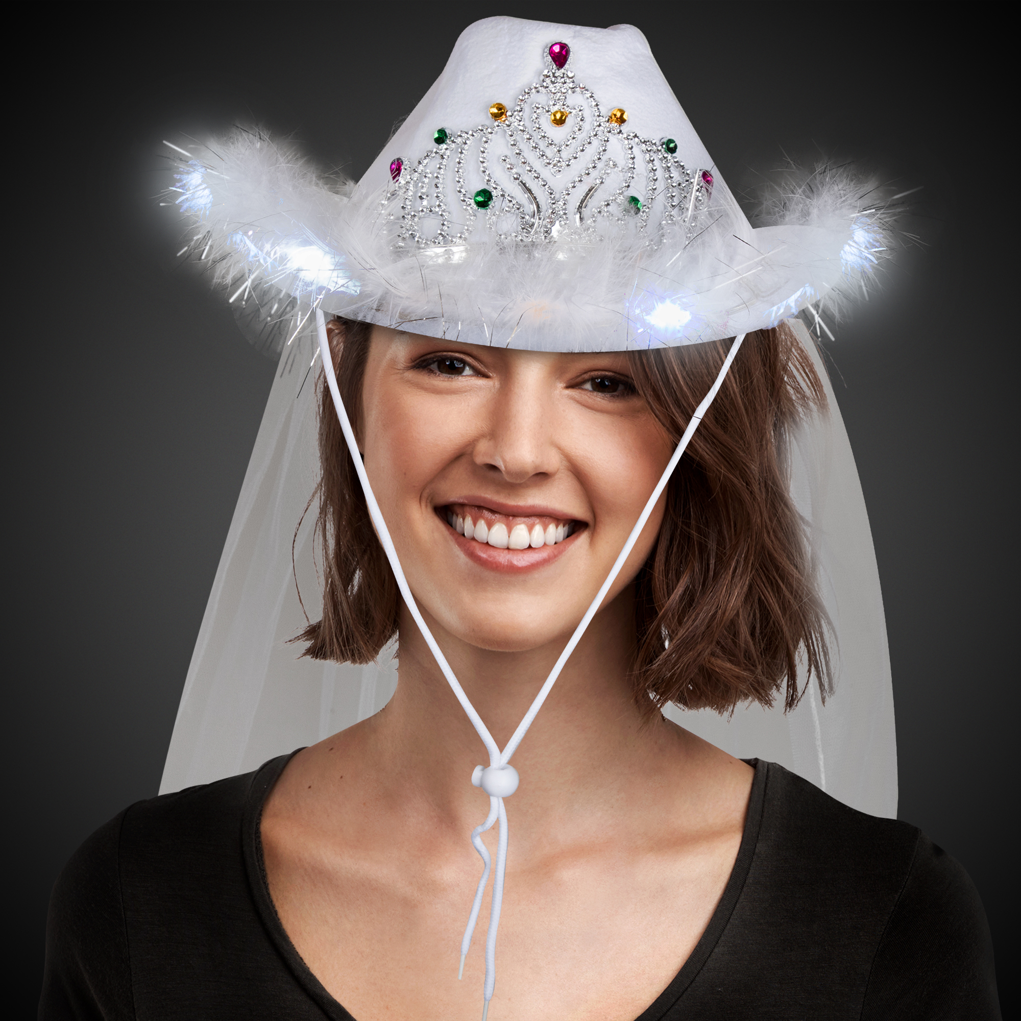 LED White Cowboy Hat with Tiara and Veil by Windy City Novelties