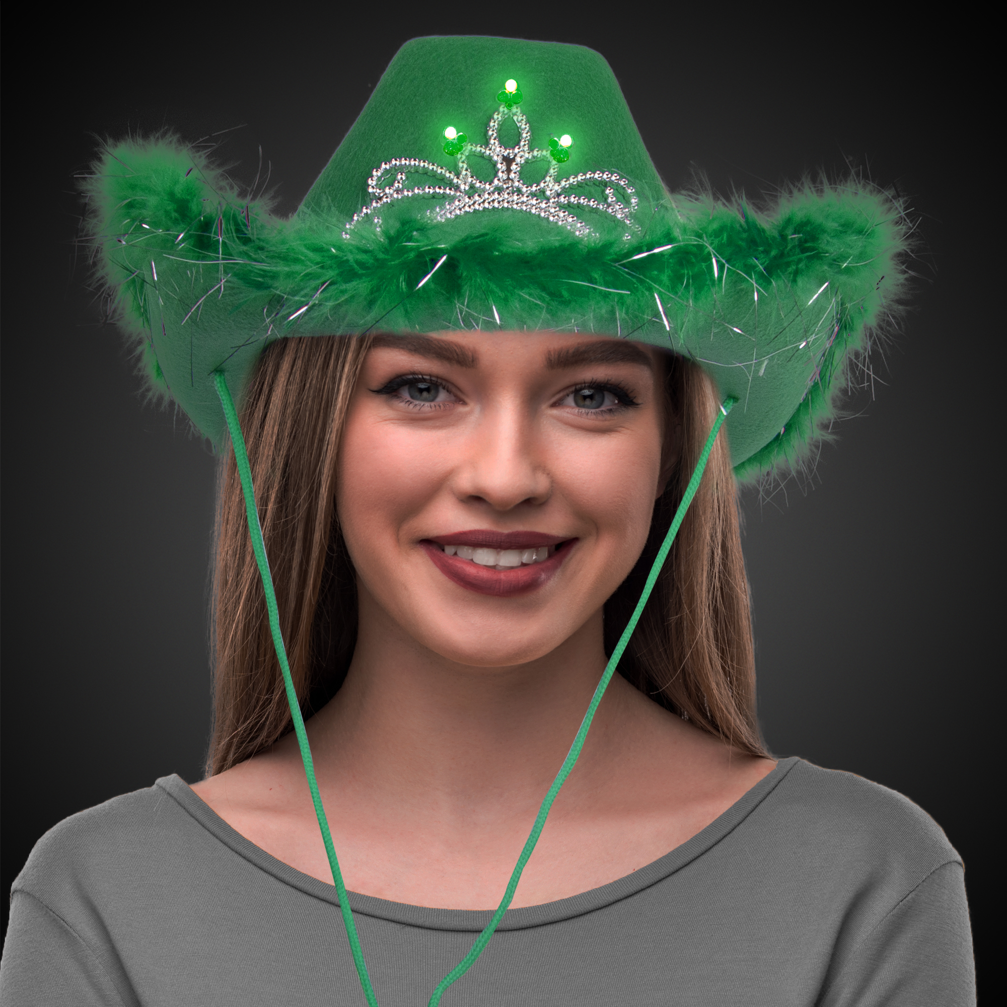 LED Green Cowboy Hat with Tiara by Windy City Novelties